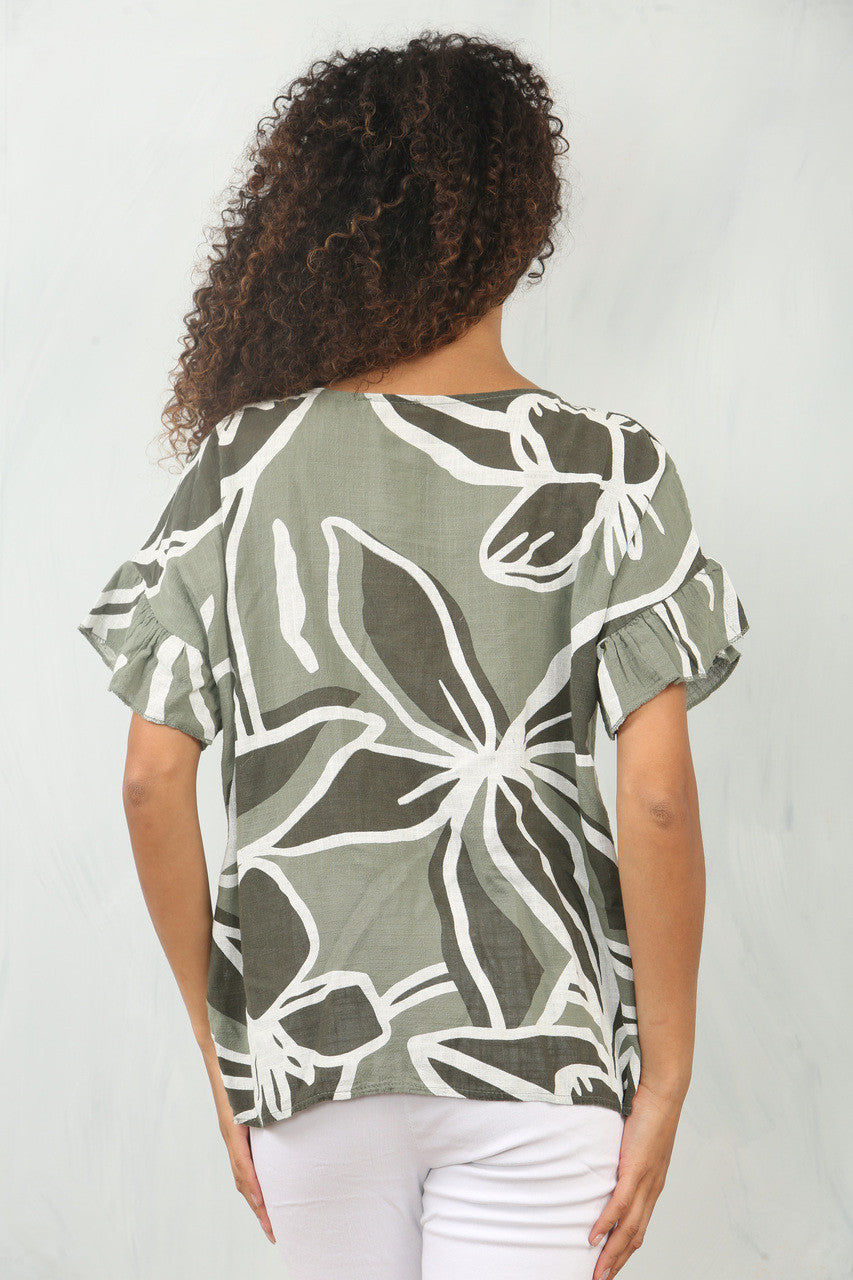 BLOUSE MET BLOEMENPRINT, RUFFELMOUW EN KAKI KLEUR