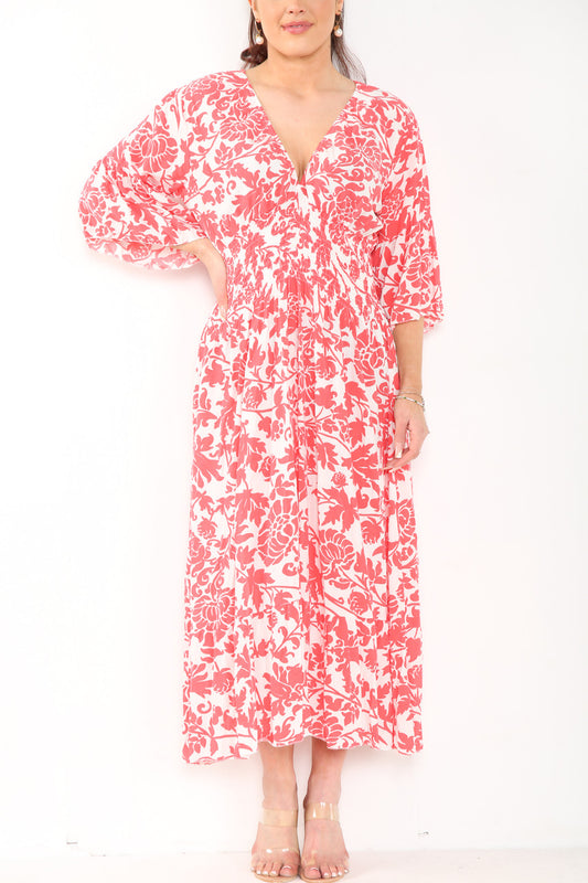 Dames Barokprint Maxi Jurk Met Elastische Taille Rood