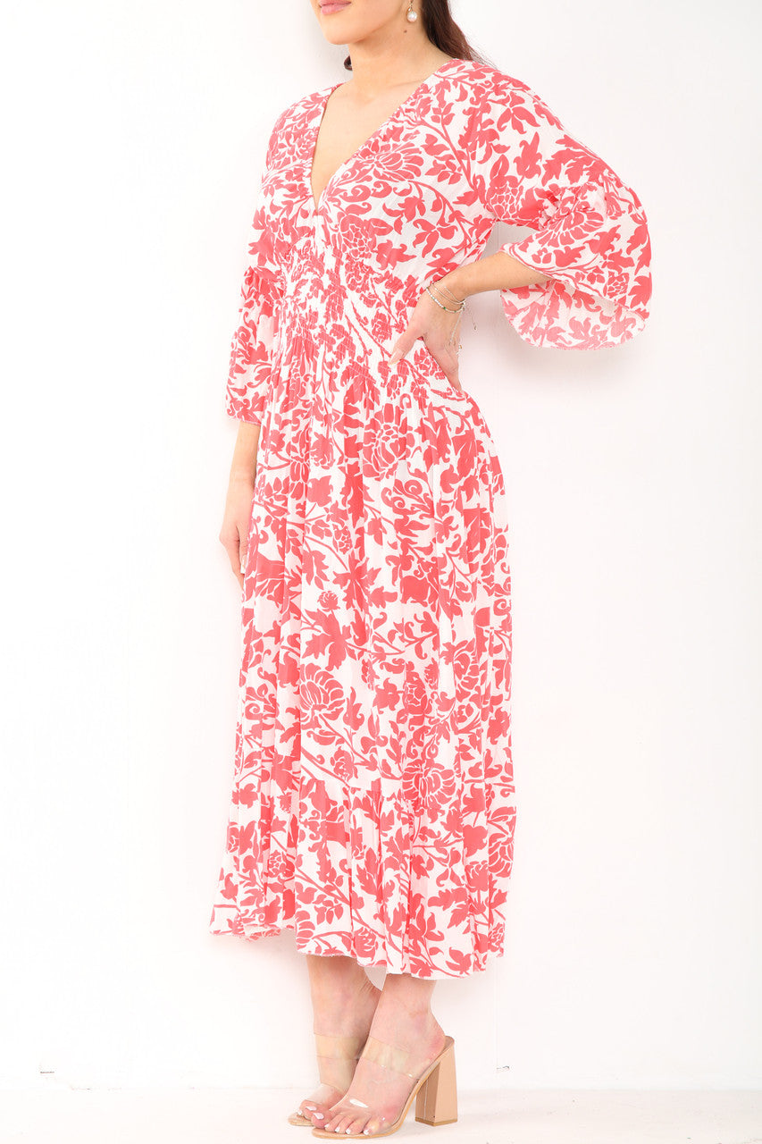 Ladies Baroque Print Elasticated Waist Maxi Dress Red