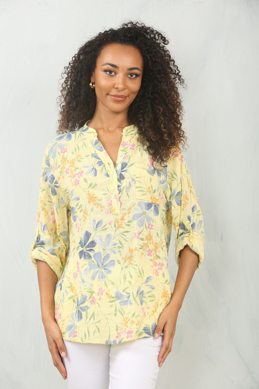 DITSY FLORAL MIX GRANDAD SHIRT BLOUSE - LEMON