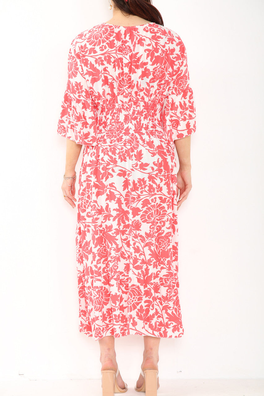 Ladies Baroque Print Elasticated Waist Maxi Dress Red