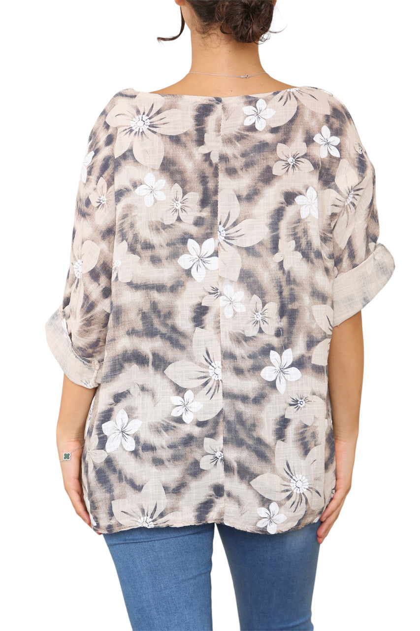 Ladies Floral Tie Dye Print Top Stone