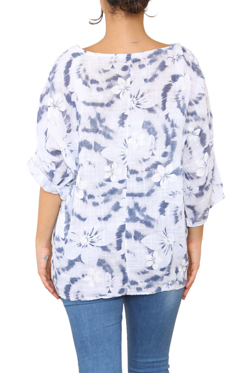 Ladies Floral Tie Dye Print Top White