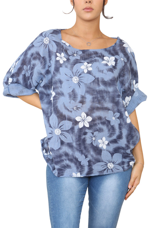 Ladies Floral Tie Dye Print Top Denim