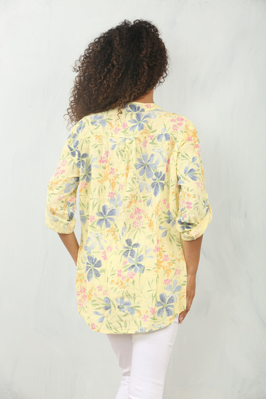 DITSY FLORAL MIX GRANDAD SHIRT BLOUSE - LEMON