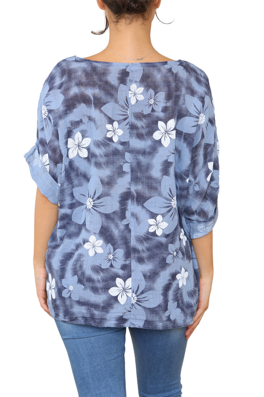 Ladies Floral Tie Dye Print Top Denim