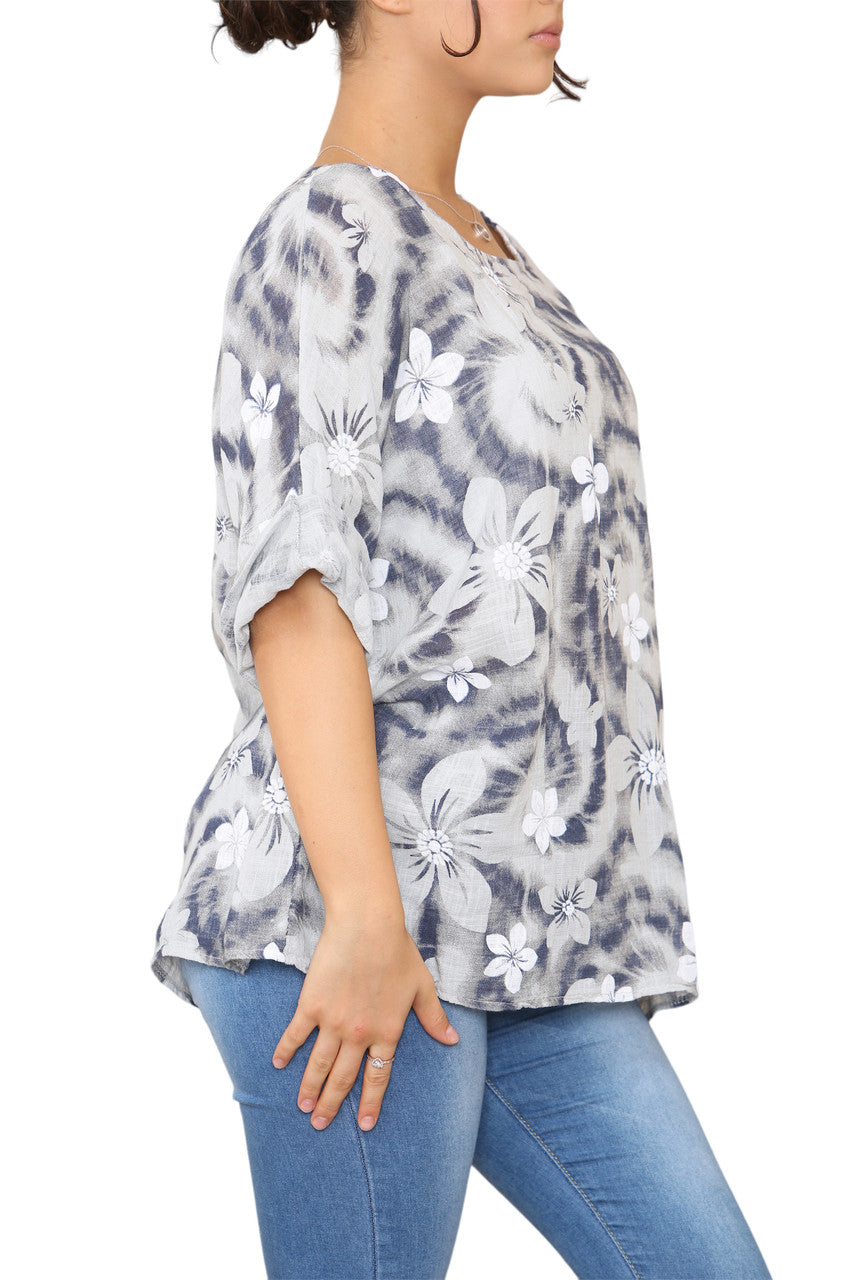 Ladies Floral Tie Dye Print Top Grey