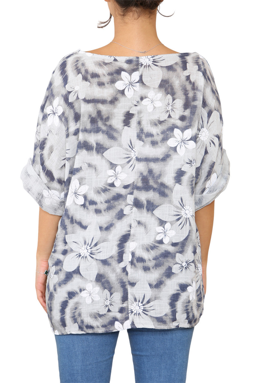 Ladies Floral Tie Dye Print Top Grey