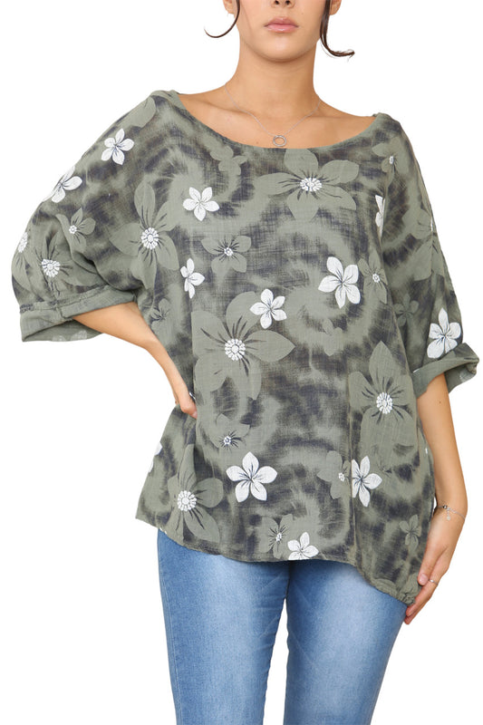 Ladies Floral Tie Dye Print Top Khaki