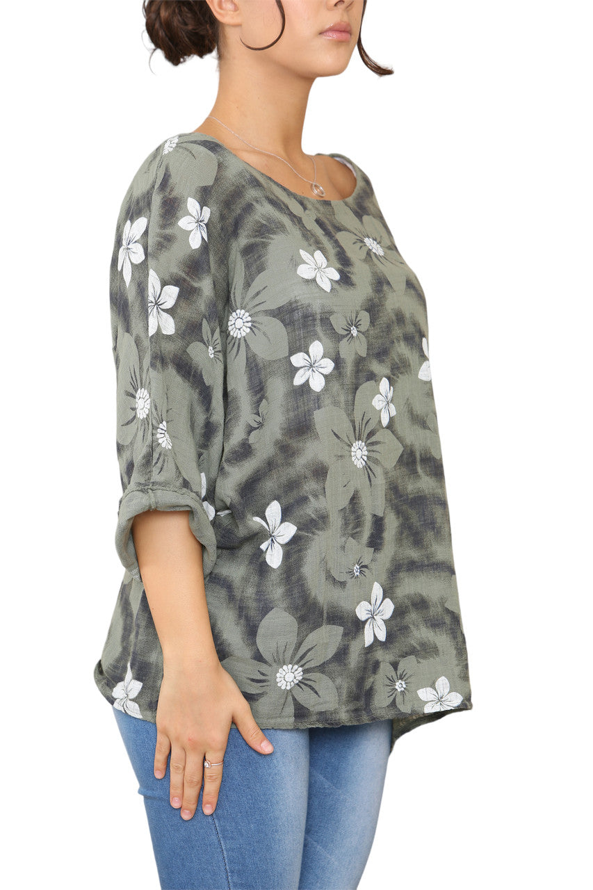 Ladies Floral Tie Dye Print Top Khaki