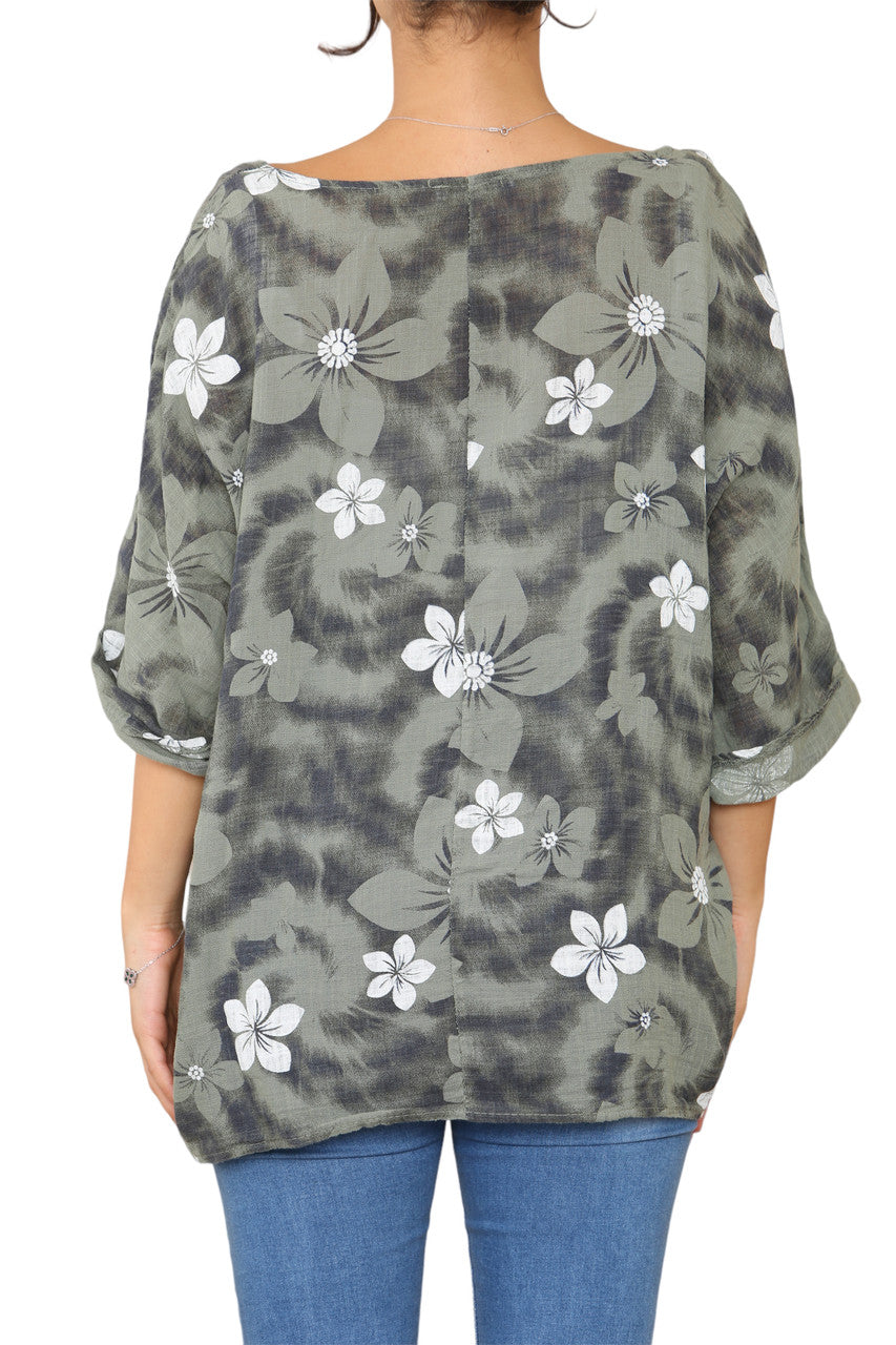 Ladies Floral Tie Dye Print Top Khaki