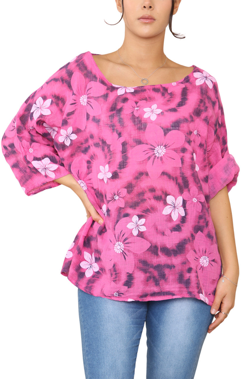 Ladies Floral Tie Dye Print Top Cerise