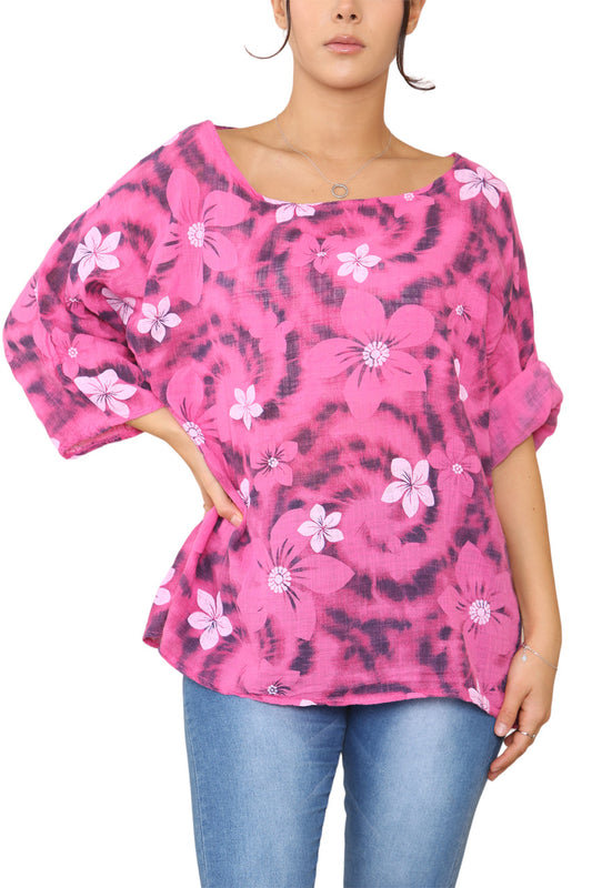 Ladies Floral Tie Dye Print Top Cerise