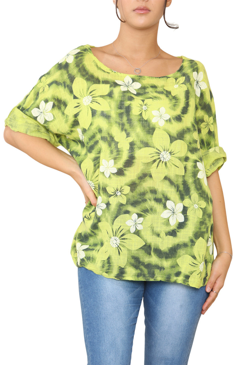 Dames Top met Bloemen Tie-Dye Print Limoengroen