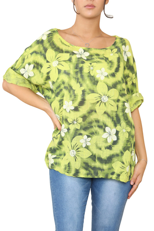 Ladies Floral Tie Dye Print Top Lime
