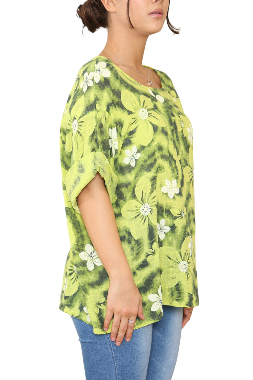 Dames Top met Bloemen Tie-Dye Print Limoengroen