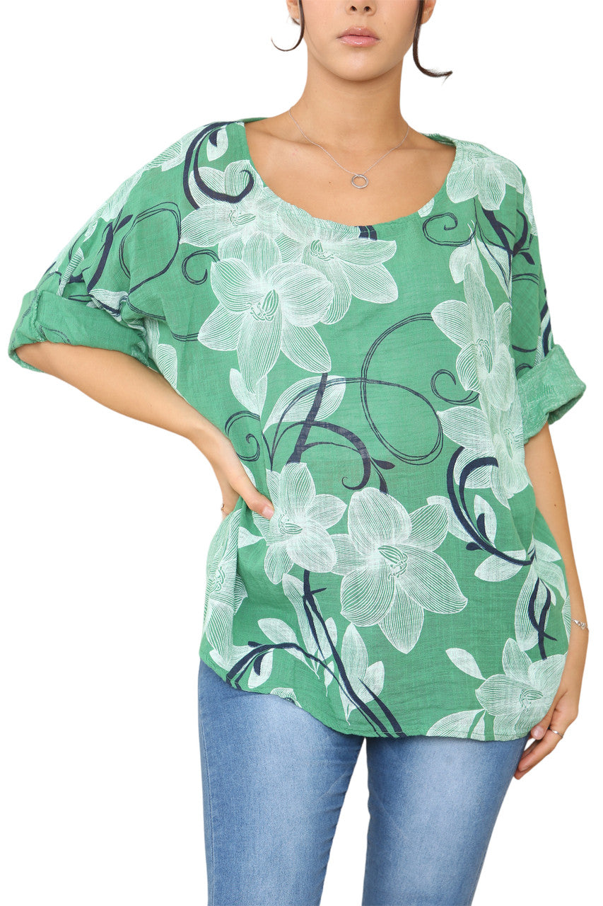 Ladies Floral Sketch Swirls Print Top Green