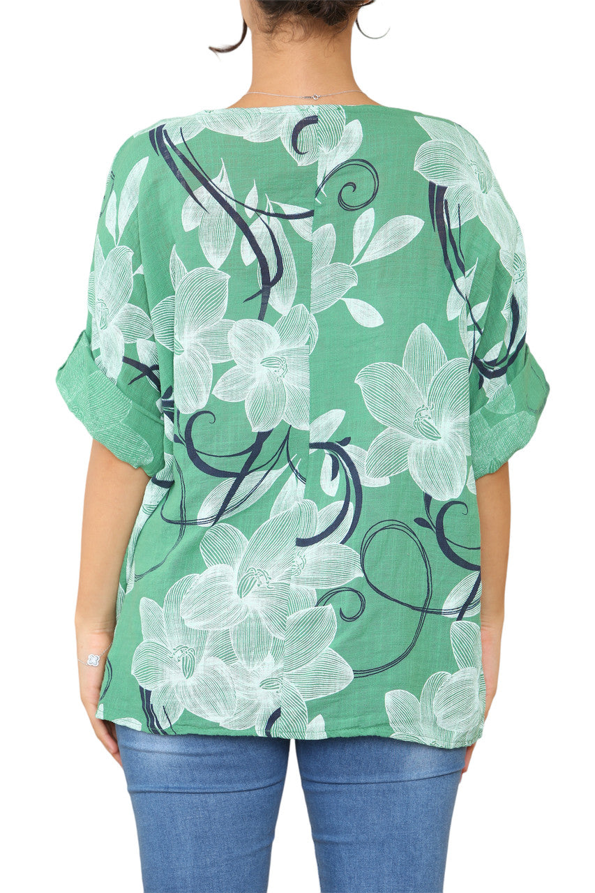 Ladies Floral Sketch Swirls Print Top Green