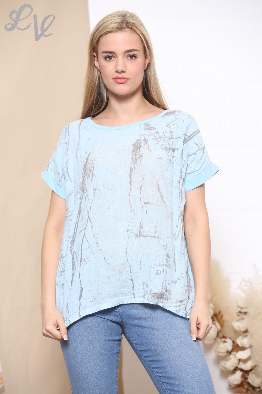 Ladies Marble Print Top Light Blue