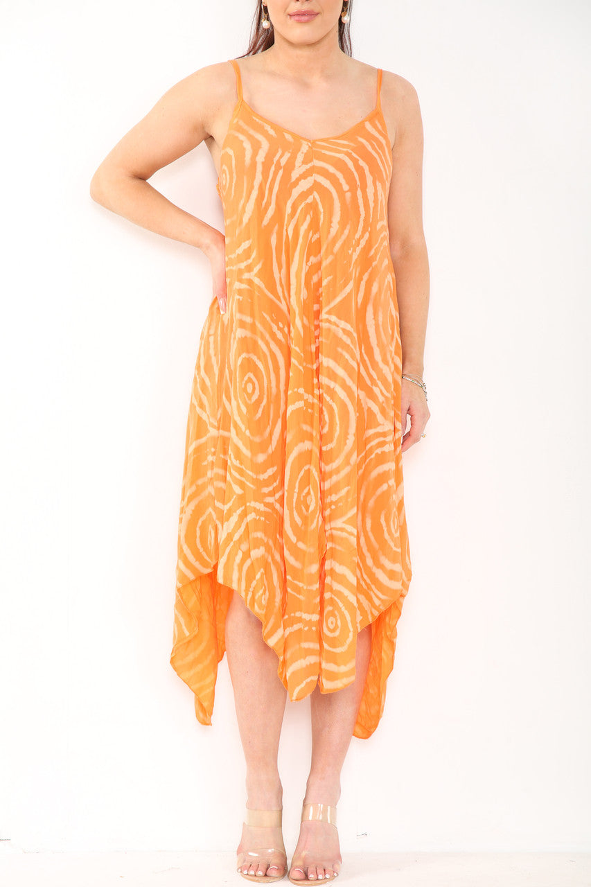 TIE DYE SWIRL PRINT STRAPPY DRESS ORANGE