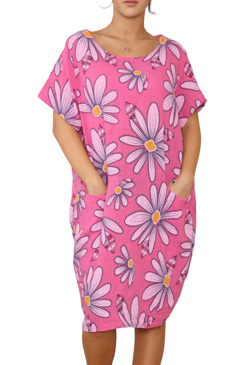 Ladies Daisy Print Tunic Dress Cerise