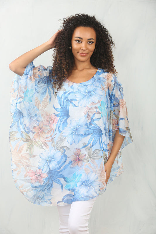 FLORAL LEAF PRINT FLOATY BLOUSE TOP - LIGHT BLUE