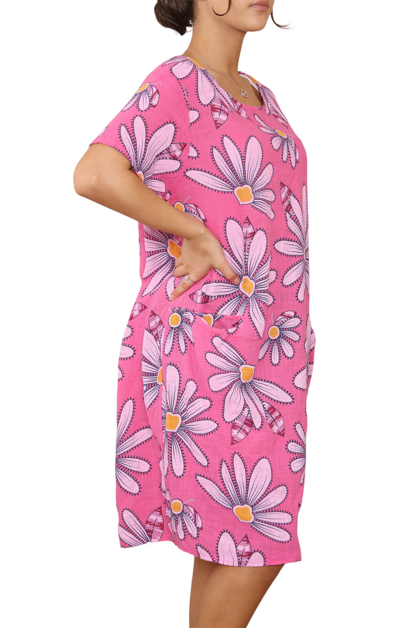 Ladies Daisy Print Tunic Dress Cerise