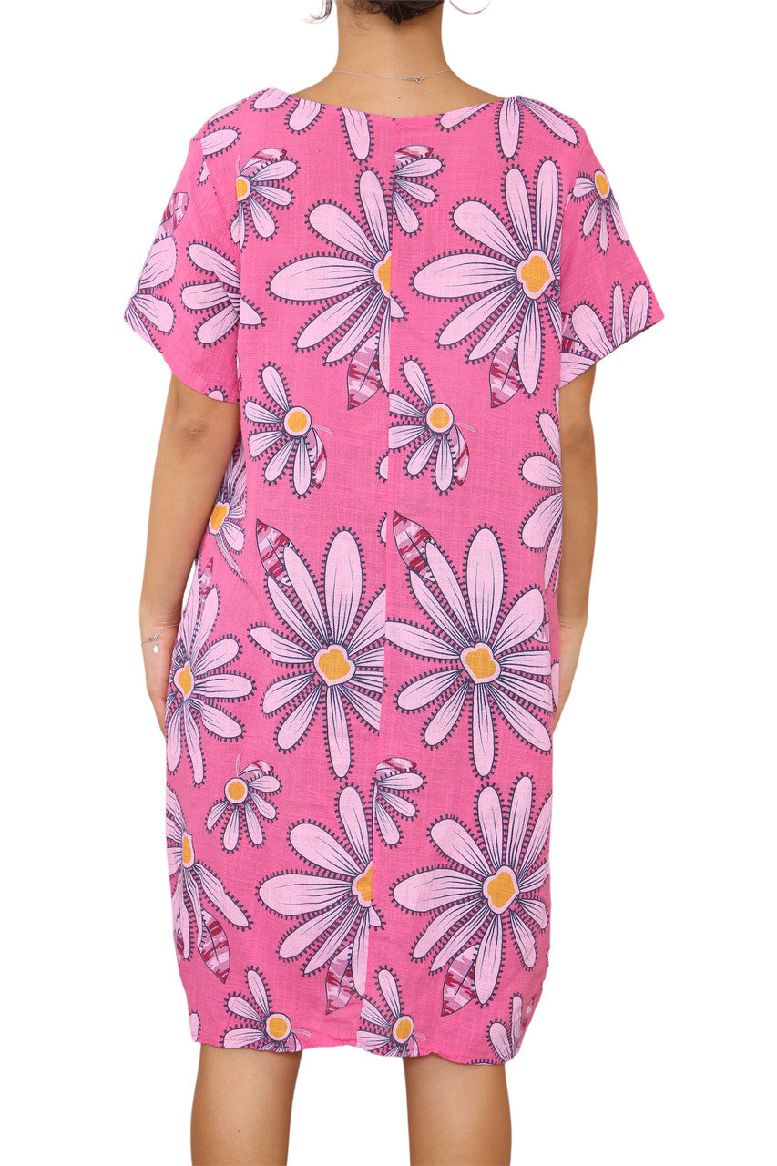 Ladies Daisy Print Tunic Dress Cerise