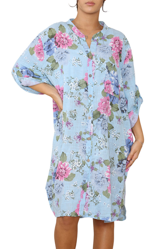 Ladies Peony Floral Print Tunic Shirt Top Dress Light Blue