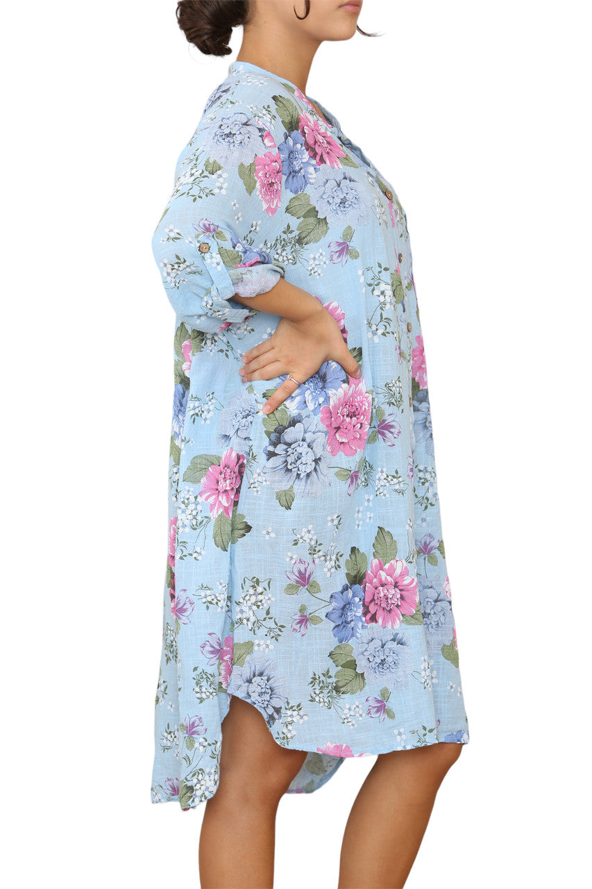 Ladies Peony Floral Print Tunic Shirt Top Dress Light Blue