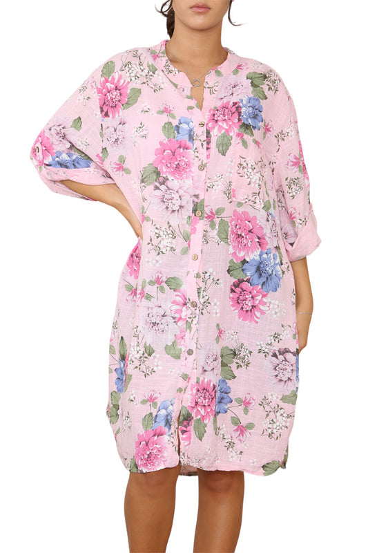 Ladies Peony Floral Print Tunic Shirt Top Dress Pink