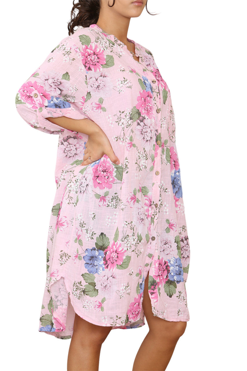 Ladies Peony Floral Print Tunic Shirt Top Dress Pink