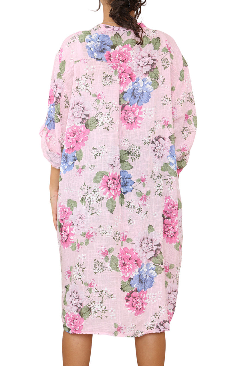 Ladies Peony Floral Print Tunic Shirt Top Dress Pink