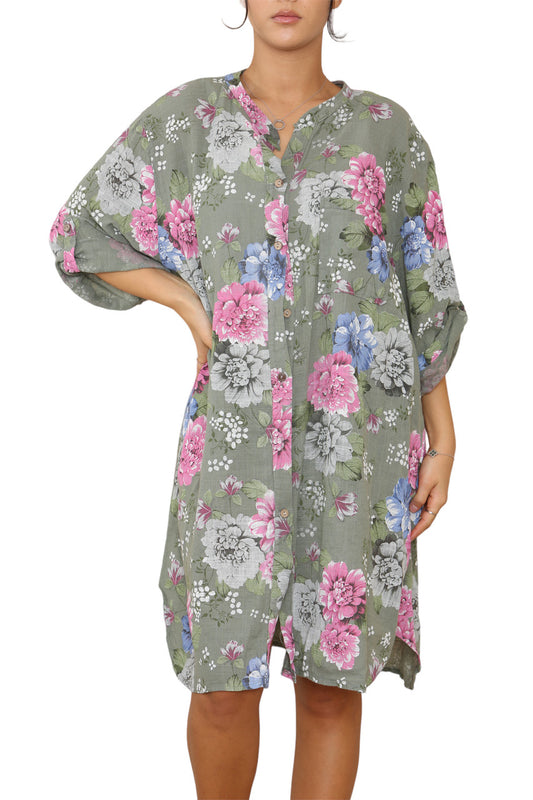 Ladies Peony Floral Print Tunic Shirt Top Dress Khaki