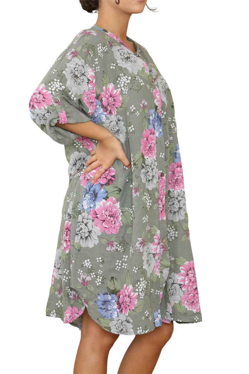 Ladies Peony Floral Print Tunic Shirt Top Dress Khaki