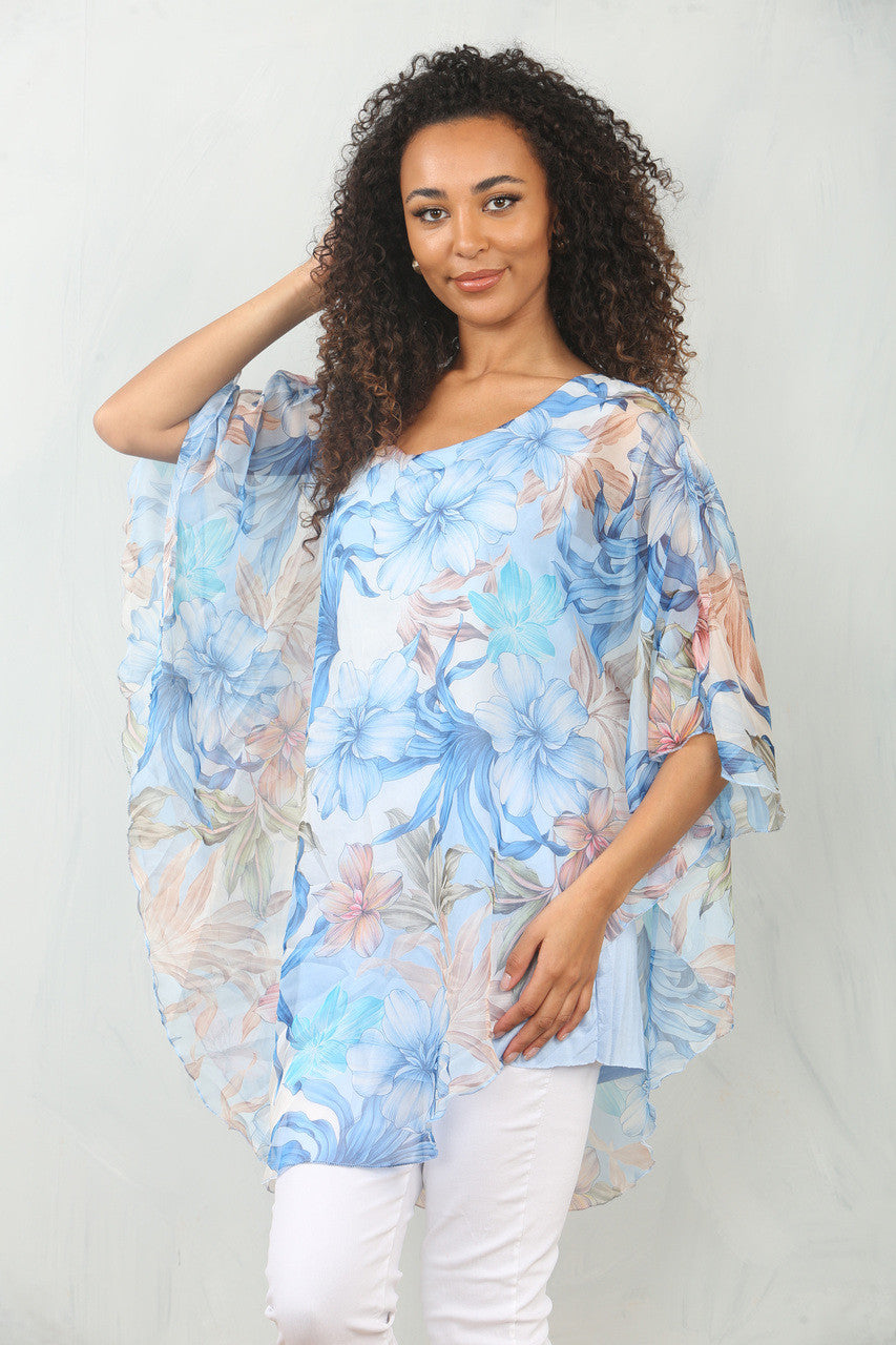 FLORALE BLADPRINT LOSSE BLOUSE TOP - LICHTBLAUW