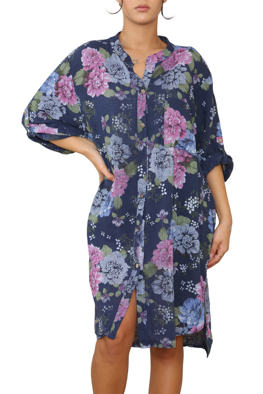 Ladies Peony Floral Print Tunic Shirt Top Dress Navy