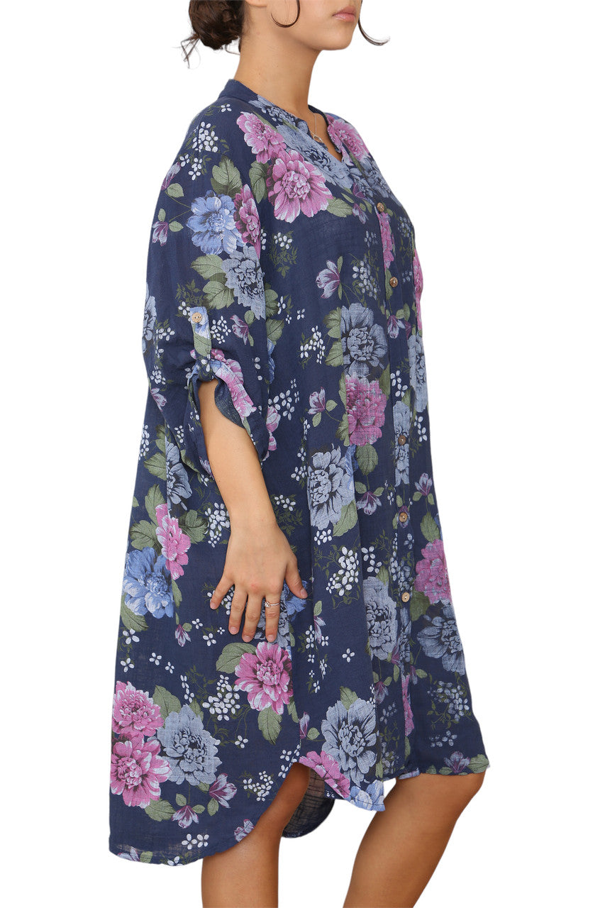 Ladies Peony Floral Print Tunic Shirt Top Dress Navy