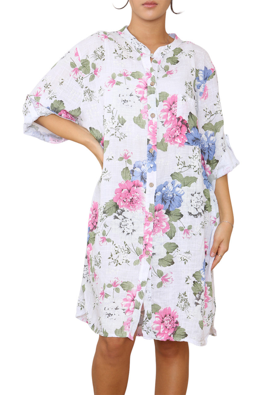 Ladies Peony Floral Print Tunic Shirt Top Dress White