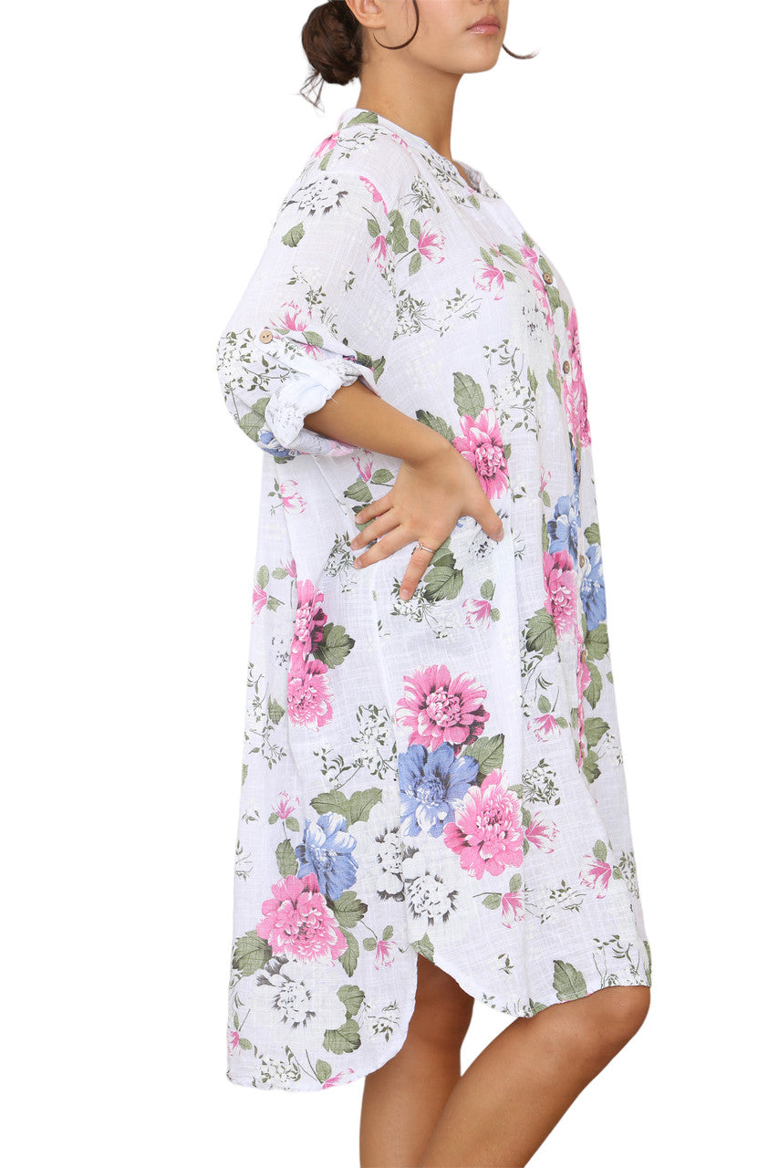 Ladies Peony Floral Print Tunic Shirt Top Dress White