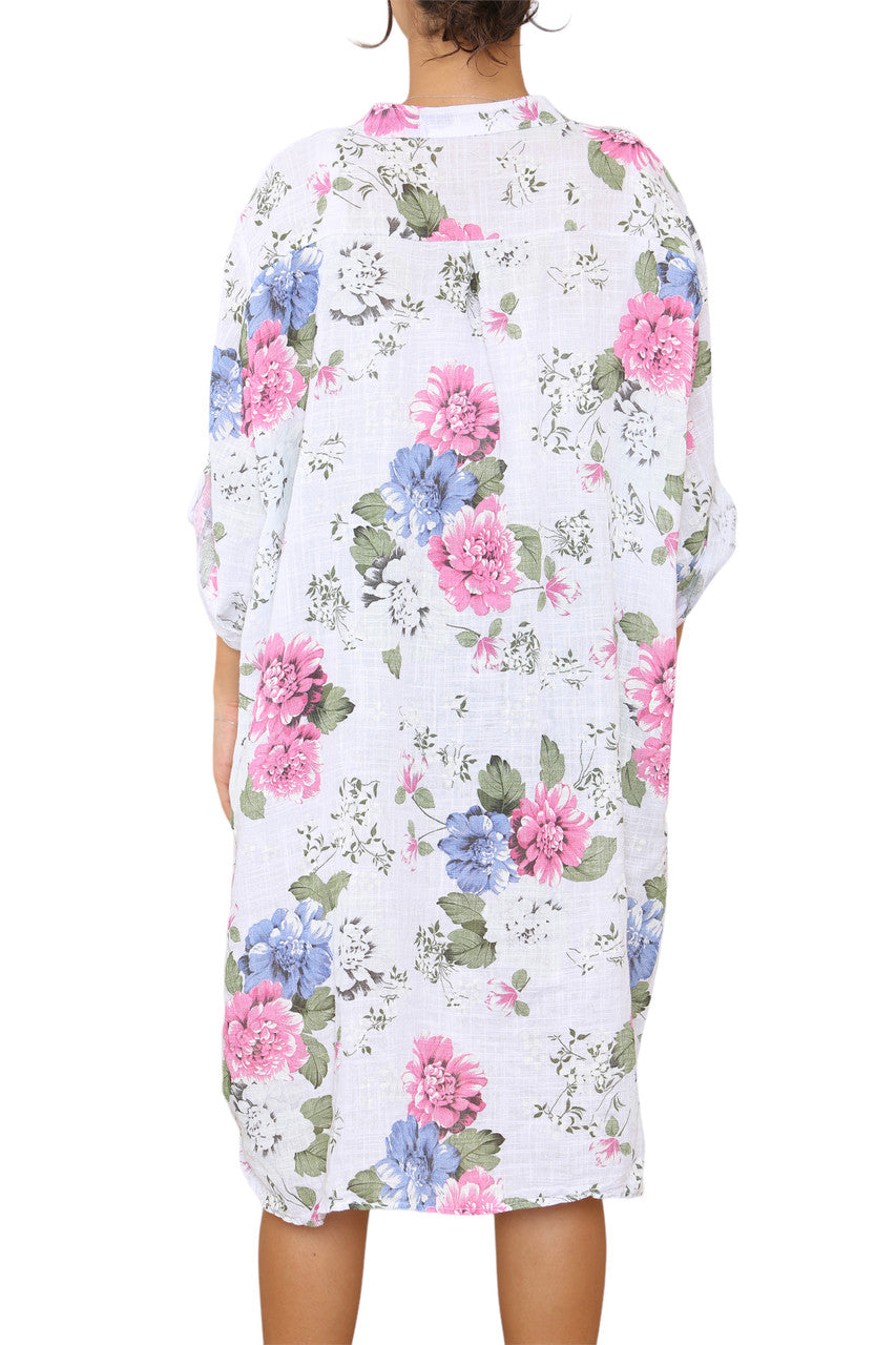 Ladies Peony Floral Print Tunic Shirt Top Dress White