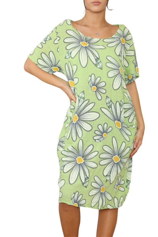 Ladies Daisy Print Tunic Dress Lime