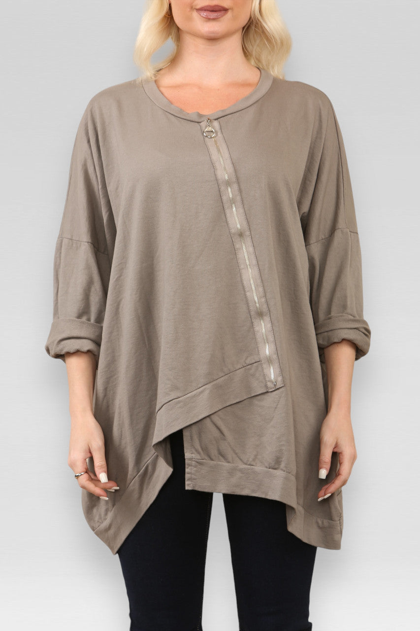 SWEATSHIRT MET RITS VOORAAN DETAIL TAUPE