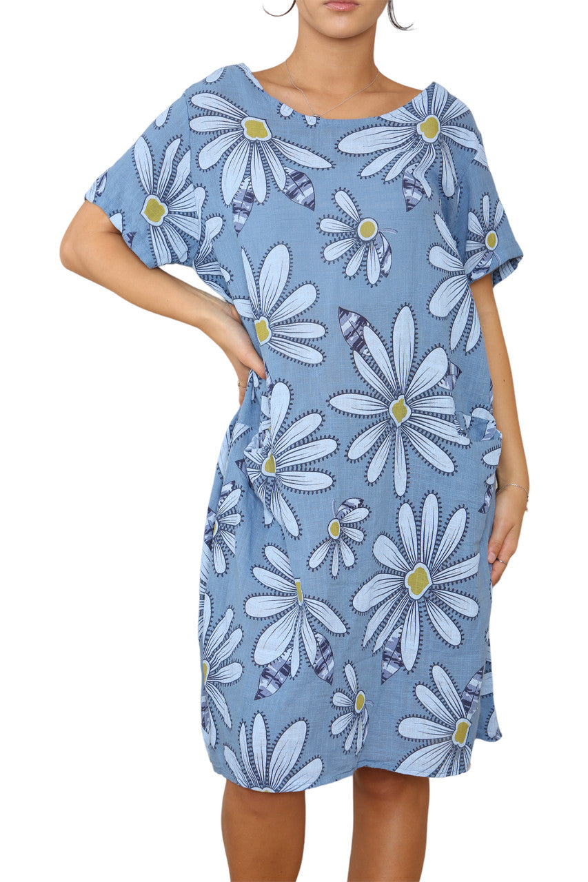 Ladies Daisy Print Tunic Dress Denim