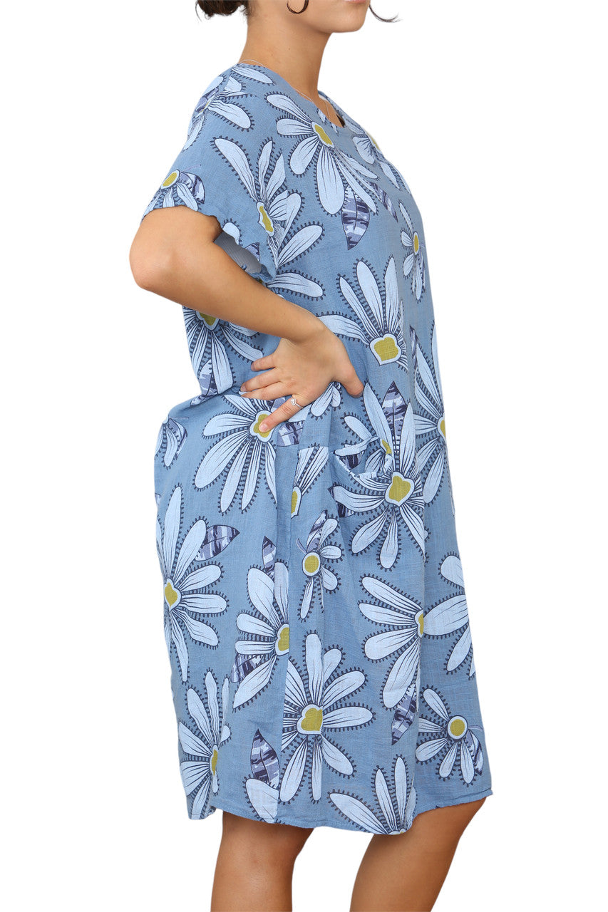 Ladies Daisy Print Tunic Dress Denim
