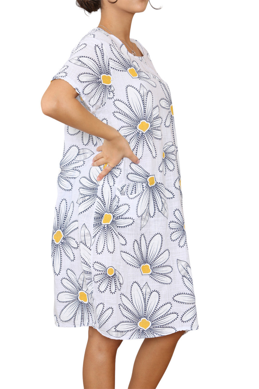 Ladies Daisy Print Tunic Dress White