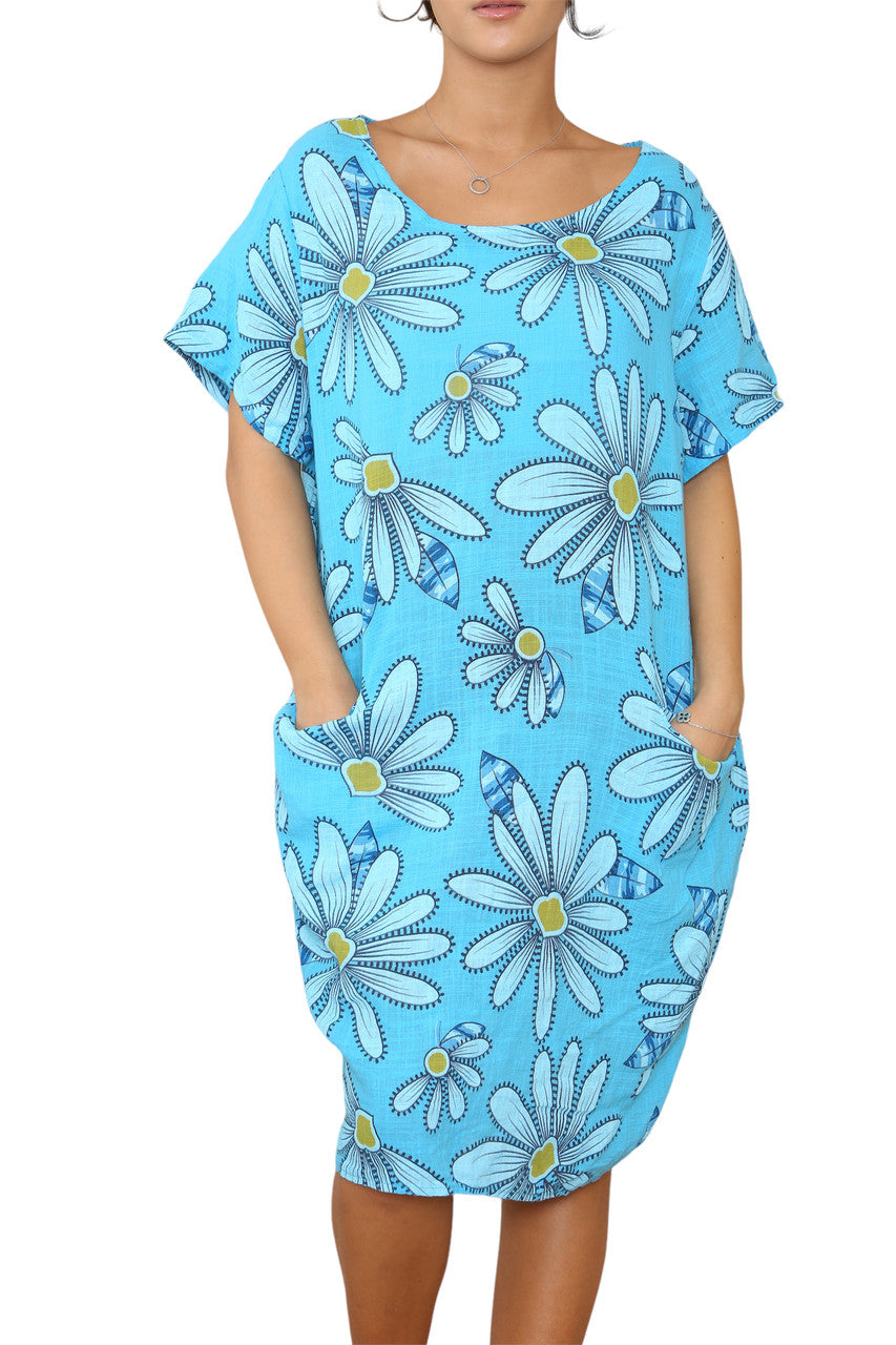 Ladies Daisy Print Tunic Dress Turquoise