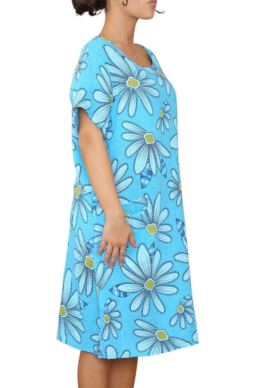 Ladies Daisy Print Tunic Dress Turquoise