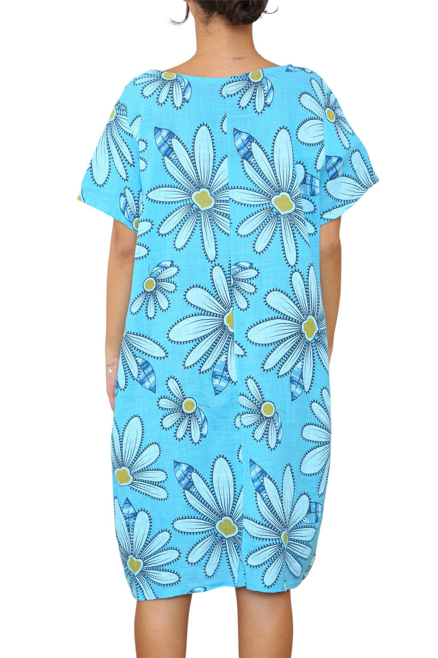 Ladies Daisy Print Tunic Dress Turquoise