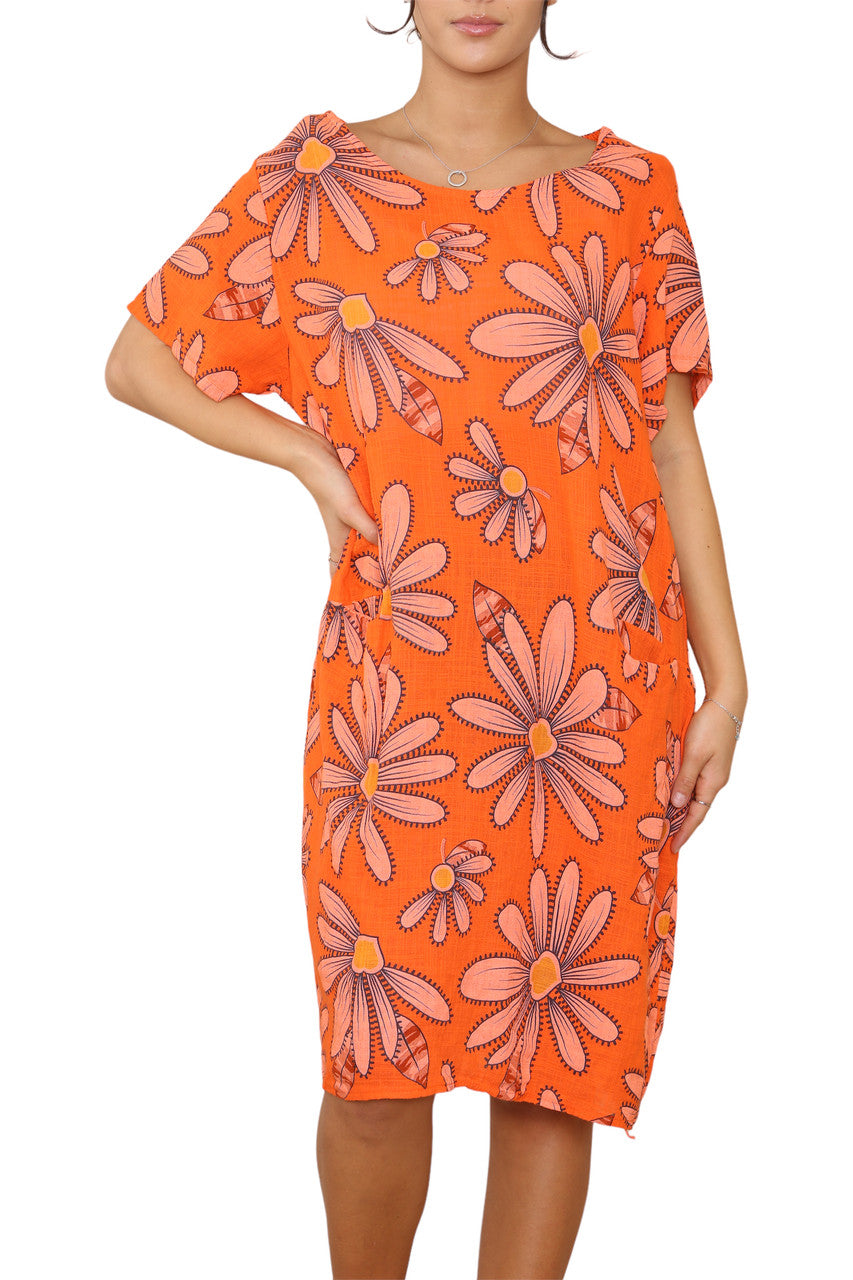 Ladies Daisy Print Tunic Dress Orange